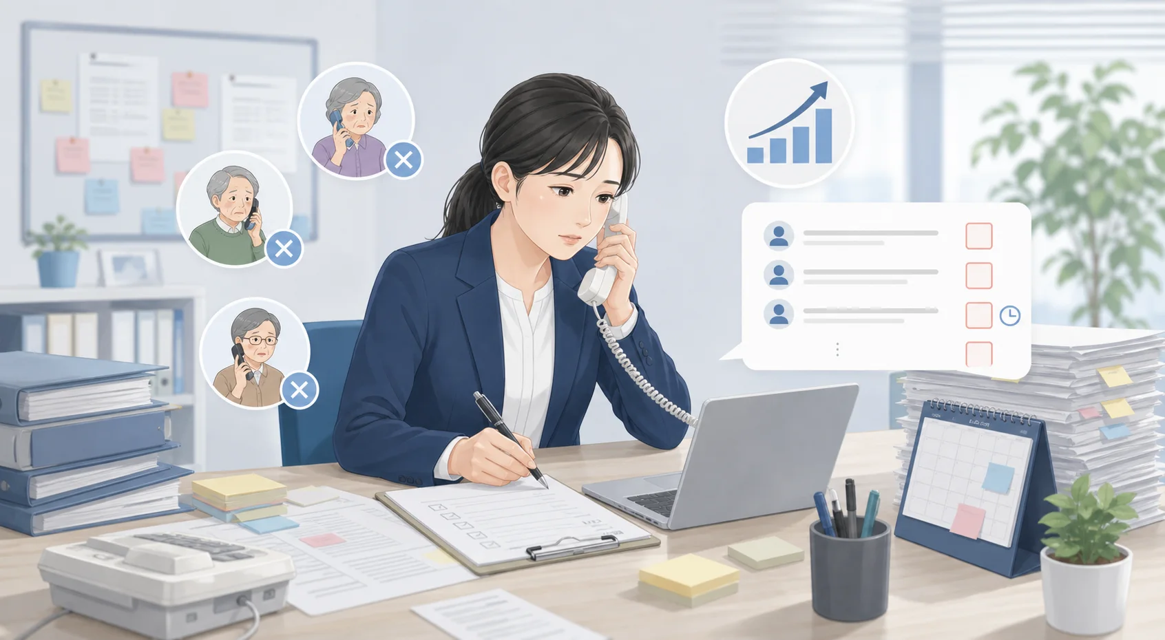電話確認や記録業務に追われる職員の課題感を表すイメージ
